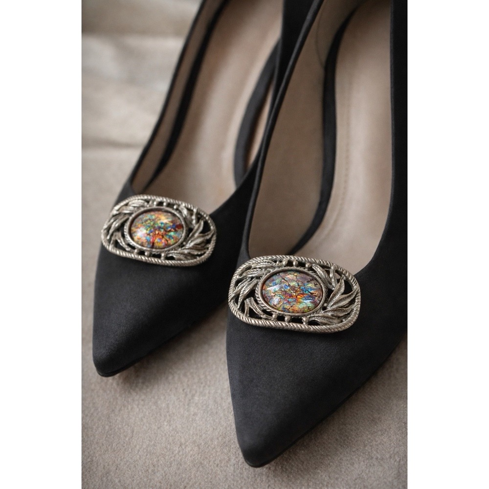 Vintage MUSI Art Glass Shoe Clips Silver Tone Leaf Oval Iridescent‎